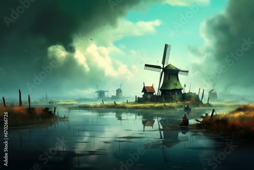 Windmills in aquatic landscape under cloudy ambiance. Generative AI © Indigo