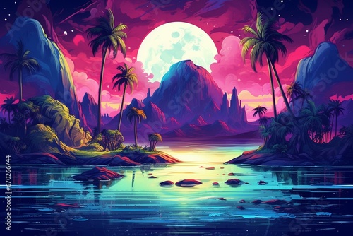 Futuristic fantasy night with abstract landscape  island  moonlight  radiance  moon  neon. Generative AI