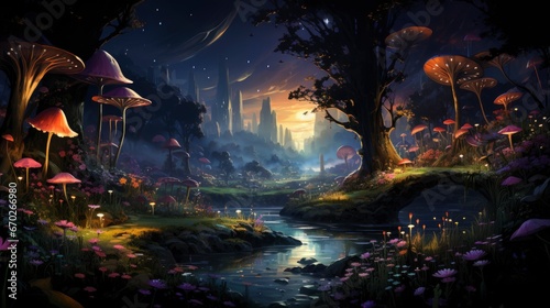 Mystical forest scene with illuminated mushrooms, magical castle, glowing lights, and serene pond reflections.