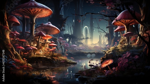 Mystical forest scene with illuminated mushrooms, magical castle, glowing lights, and serene pond reflections.