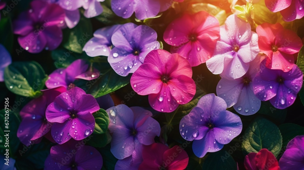 Iridescent impatiens in a lush garden, each petal reflecting a vivid spectrum of colors.