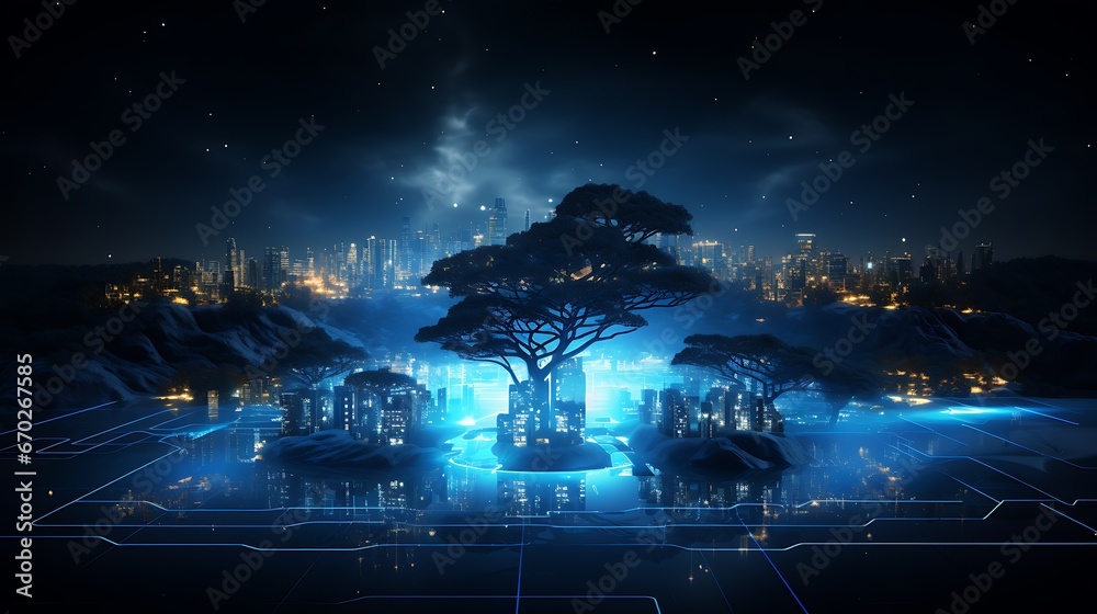 Fototapeta premium the essence of artificial intelligence and machine learning in the modern world, a futuristic landscape with digital networks, glowing nodes, and abstract representations of neural networks.