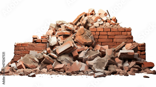 rubble ruin brick building wall broken demolition destruction pile isolated on white. generative ai © Witri
