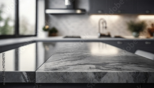 Modern, minimalist dark marble table/kitchen island, symbolizing sophistication and elegance. Empty surface, ideal for design and culinary concepts. Copy space