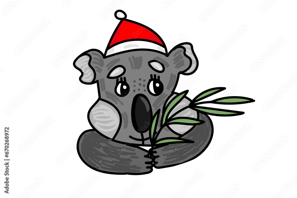 Naklejka premium Cute and nice cartoon Christmas koala bear with eucalyptus branch. New Year festive animal. Vector illustration. Australia fauna.