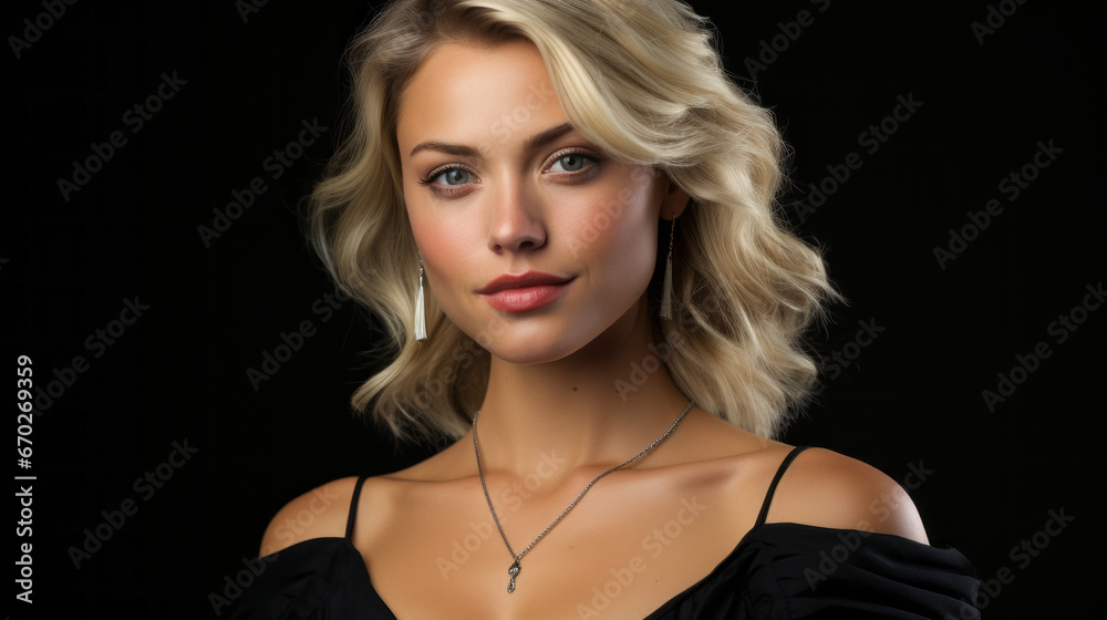 Portrait of a beautiful young blonde woman looking at camera on black background.