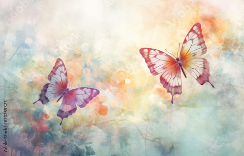 Floral watercolor painted background with butterflies © thodonal