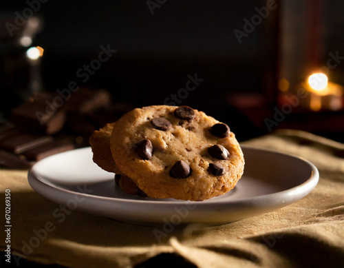 photography of choco chip food served at a table with cool lighting