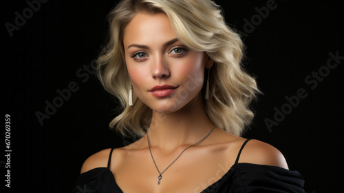 Portrait of a beautiful young blonde woman looking at camera on black background.