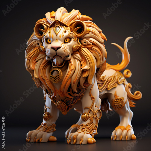 A 3D figurine portraying a sophisticated and adorable lion in a 3D mock-up, expertly lit within a softbox studio setting, showcasing gradient shadows and seamless highlights. Generative AI.