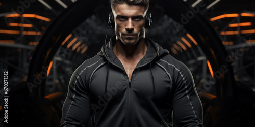 Gym instructor in hoody. Professional bodybuilder with dedicated look. Strong muscular masculinity of sports trainer.