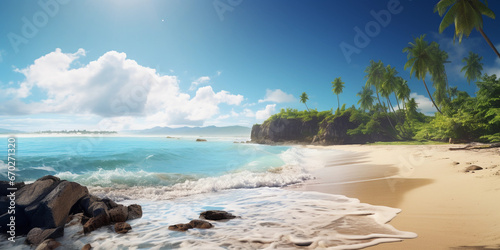 A beautiful tropical beach with clear blue water, waves, and a peaceful horizon under a sunny sky, perfect for a relaxing vacation in paradise