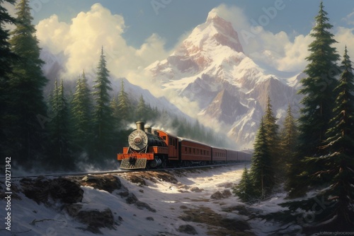 A train passing through a mountainous landscape with pine trees and snow-covered mountains in the background. Generative AI