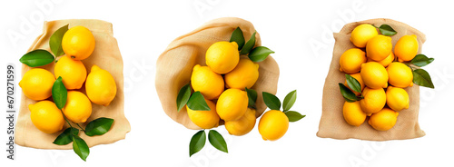 Top view of lemons in burlap bags over isolated transparent background