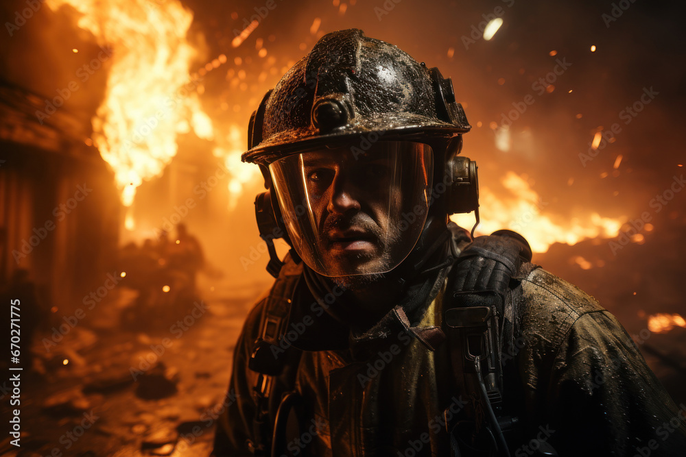 A firefighter rushing into a burning building to save lives and property. Concept of emergency response. Generative Ai. A firefighter rushing into a burning building to save lives and property. Concept of emergency response. Generative Ai.