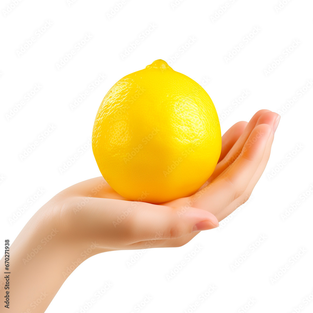 Hand holding lemon on hand. Close up shot over isolated transparent background Hand holding lemon on hand. Close up shot over isolated transparent background