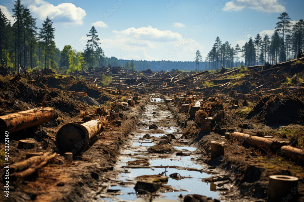 A deforested landscape with tree stumps and cleared land, illustrating ...