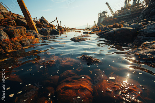Oil spill in a pristine marine environment, emphasizing the ecological impact of oil pollution on aquatic life. Generative Ai.