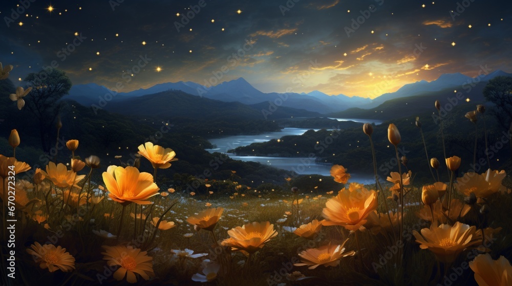 Picture a surreal Midnight Marigold meadow under a star-studded sky, where each petal shimmers like stars. Deliver a high-detailed 8K masterpiece.