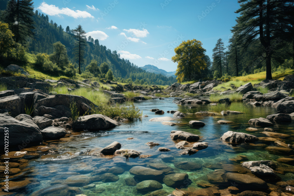 A clean and pristine river flowing through a natural landscape, depicting the positive impact of water pollution prevention and conservation efforts. Generative Ai. A clean and pristine river flowing through a natural landscape, depicting the positive impact of water pollution prevention and conservation efforts. Generative Ai.