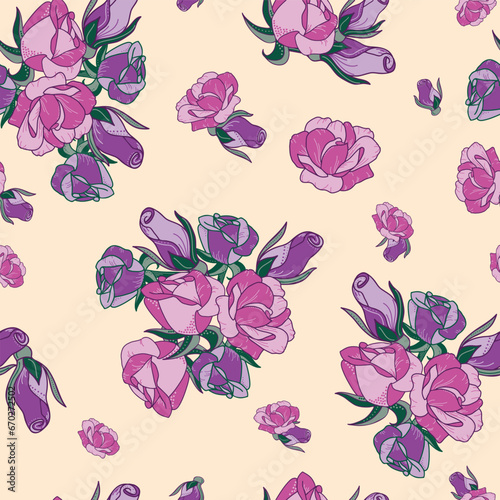 Fototapeta Naklejka Na Ścianę i Meble -  A Vector Repeat Seamless Pattern Design Created with Pink and Purple Roses on a Buttery Yellow Background