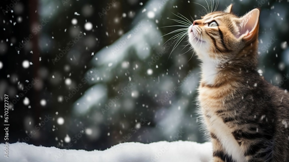 A kitten pawing at falling snowflakes in awe
 - obrazy, fototapety, plakaty 