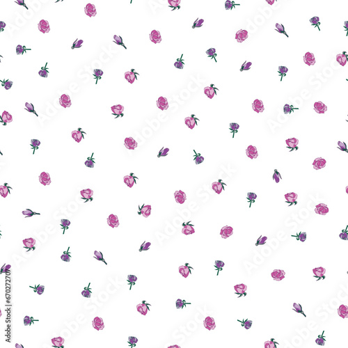 A White Background with Scattered Tiny Pink and Purple Roses creates this Ditsy Vector Repeat Seamless Pattern Design