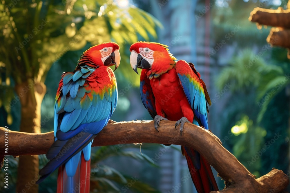 Vivid macaws on tall branch, radiant plumage glowing with shades of red, blue, and green, enjoying sunlight in lush rainforest. Generative AI