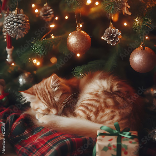 gato bajo arbol de navidad photo