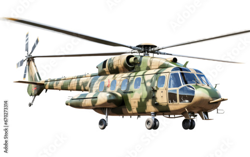 Camouflage Military Helicopter Patrolling on Transparent Background