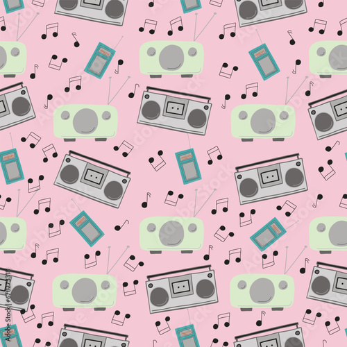 This Vector Repeat Seamless Pattern Design Features Musical Notes and old Radios like Boom Boxes, Transistor Radios and Old Kitchen Radios on a Pink Background
