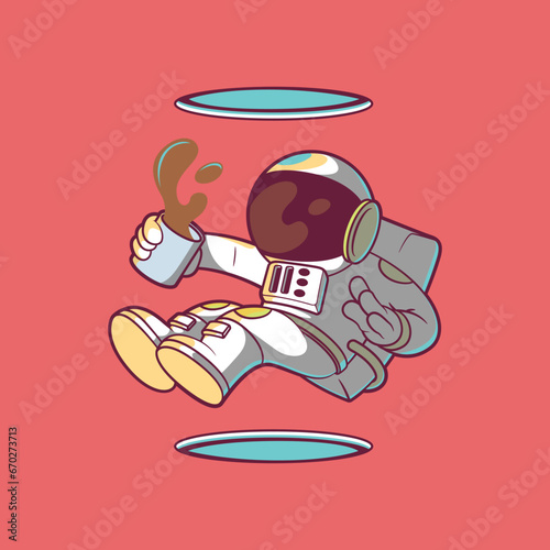 Astronaut holding a coffee cup between blue holes vector illustration. Tech design concept.