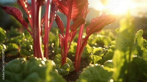 Ruby Rhubarb plant bathed in soft, warm sunlight.