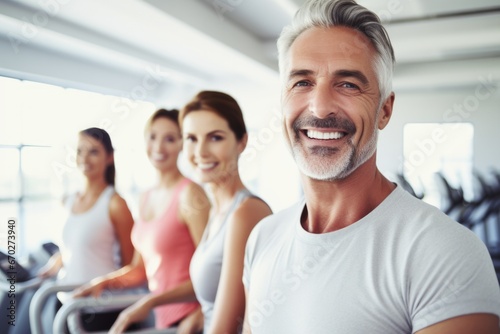 middle age people group happy expression in a gym. fitness teacher concept. ai generated