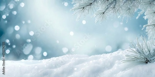 Enchanting Snowy Forest Scene: Frosted Spruce Branches, Tiny Snow Drifts, Christmas Bokeh Lights, Text Area. © WhimsyWorks