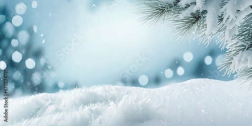 Cozy Winter Landscape: Snow-Covered Spruce, Bokeh Christmas Lights, and a Spot for Customized Text. © WhimsyWorks