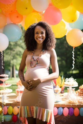 Portrait of a happy pregnant woman standing with her hands on her belly at a birthday party