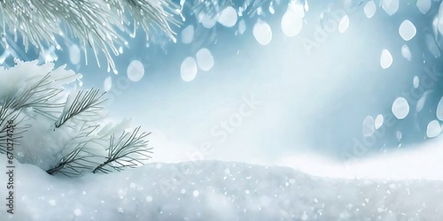 Enchanting Winter Beauty: Snow-Capped Spruce, Festive Bokeh Christmas Lights, and Space for Personal Text. © WhimsyWorks
