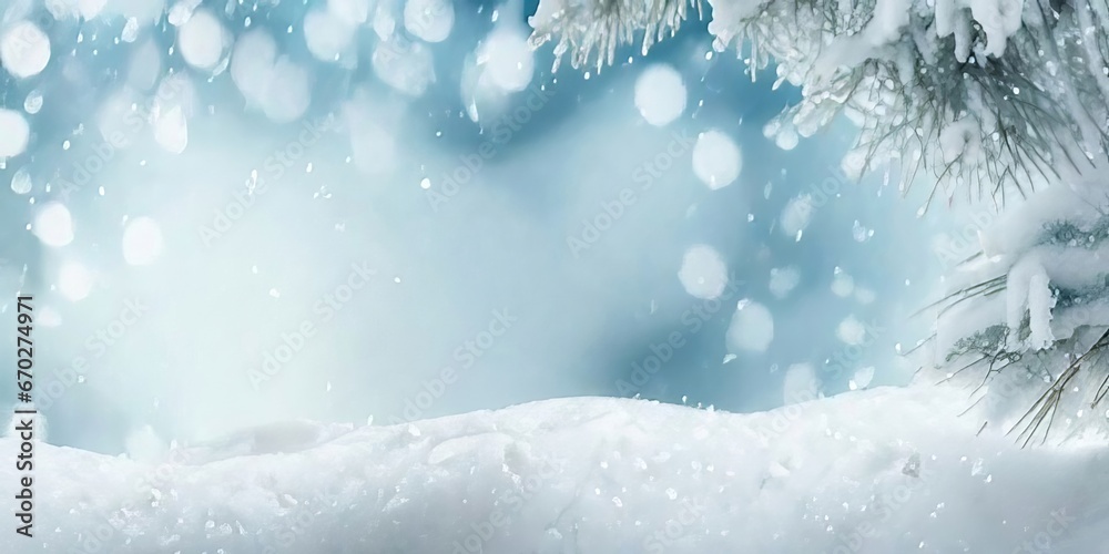 Winter Beauty: Delicate Spruce Branches Covered in Frost, Pure Snow Drifts, Bokeh Christmas Lights, Space for Text.