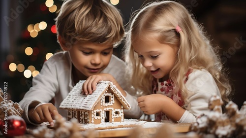 Children building a magical, twinkling gingerbread house