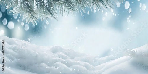 Charming Winter Scene: Snow-Capped Spruce, Festive Bokeh Christmas Lights, and Space for Personalized Text. © WhimsyWorks
