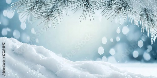Scenic Winter Wonderland: Snow-Covered Spruce, Bokeh Christmas Lights, and Ample Room for Custom Text. © WhimsyWorks