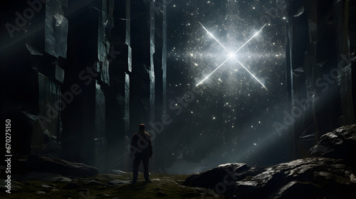 A man standing in the midst of a forest at night, gazing at an otherworldly, luminous light formation.