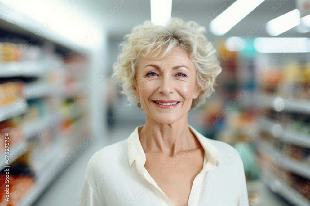 senior woman happy expression in a super market . ai generated senior woman happy expression in a super market . ai generated