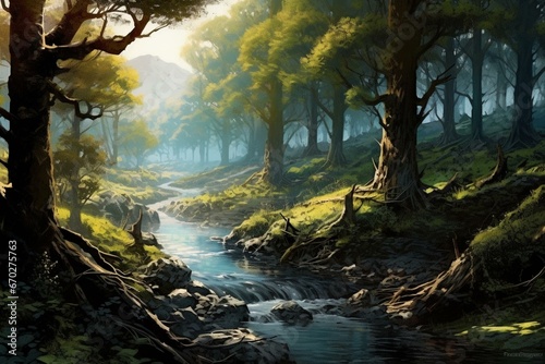 Landscape portrayal of a forest dominated by birch trees situated alongside a flowing river. Generative AI