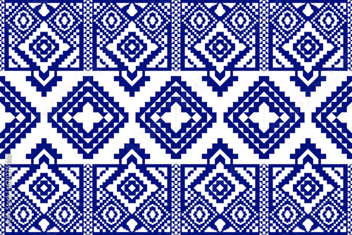 blue Ikat ethnic textile seamless pattern design, tribal boho traditional embroidery on a vector background, and Aztec fabric carpet with mandala ornaments, all rich in cultural and artistic heritage.