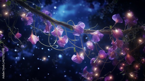 Starlight Sweet Pea climbing a trellis against a dark, starry sky, with the petals emitting a soft, natural glow in photo