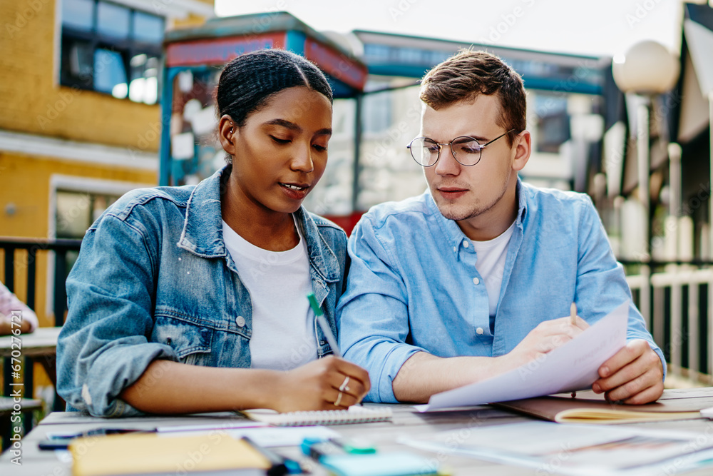 Obraz premium Diverse students collaborating on common project