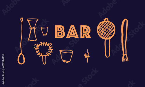 Barware, vector set. Drawing, sketch, doodle, calligraphy, brush. Cafe, restaurant, bar, cocktail, alcohol, wine, holiday. Yellow on blue. Eps10