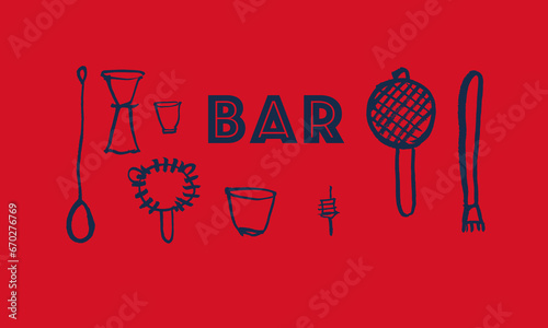 Barware, set of vector images. Drawing, sketch, doodle, calligraphy, brush. Cafe, restaurant, cocktail, alcohol, wine, beer, whiskey, holiday, relaxation. Blue on red. Eps10